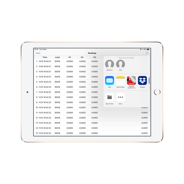 Wireless Pile Load Test Kit Application export screen for ios, android and windows - Motionics (791980998745)