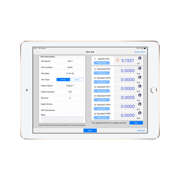 Wireless Pile Load Test Kit Application recording screen for ios, android and windows - Motionics (791980998745)