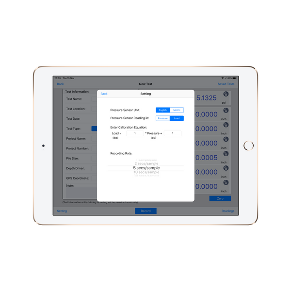Wireless Pile Load Test Kit Application setting test screen for ios, android and windows - Motionics (791980998745)