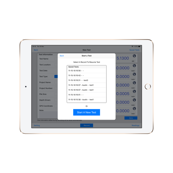 Wireless Pile Load Test Kit Application start new test screen for ios, android and windows - Motionics (791980998745)
